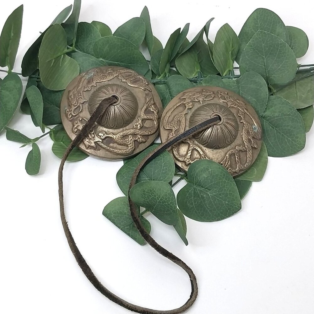 Brass Tibetan Tingsha Cymbals Dragon & Leather Cord Meditation Chimes